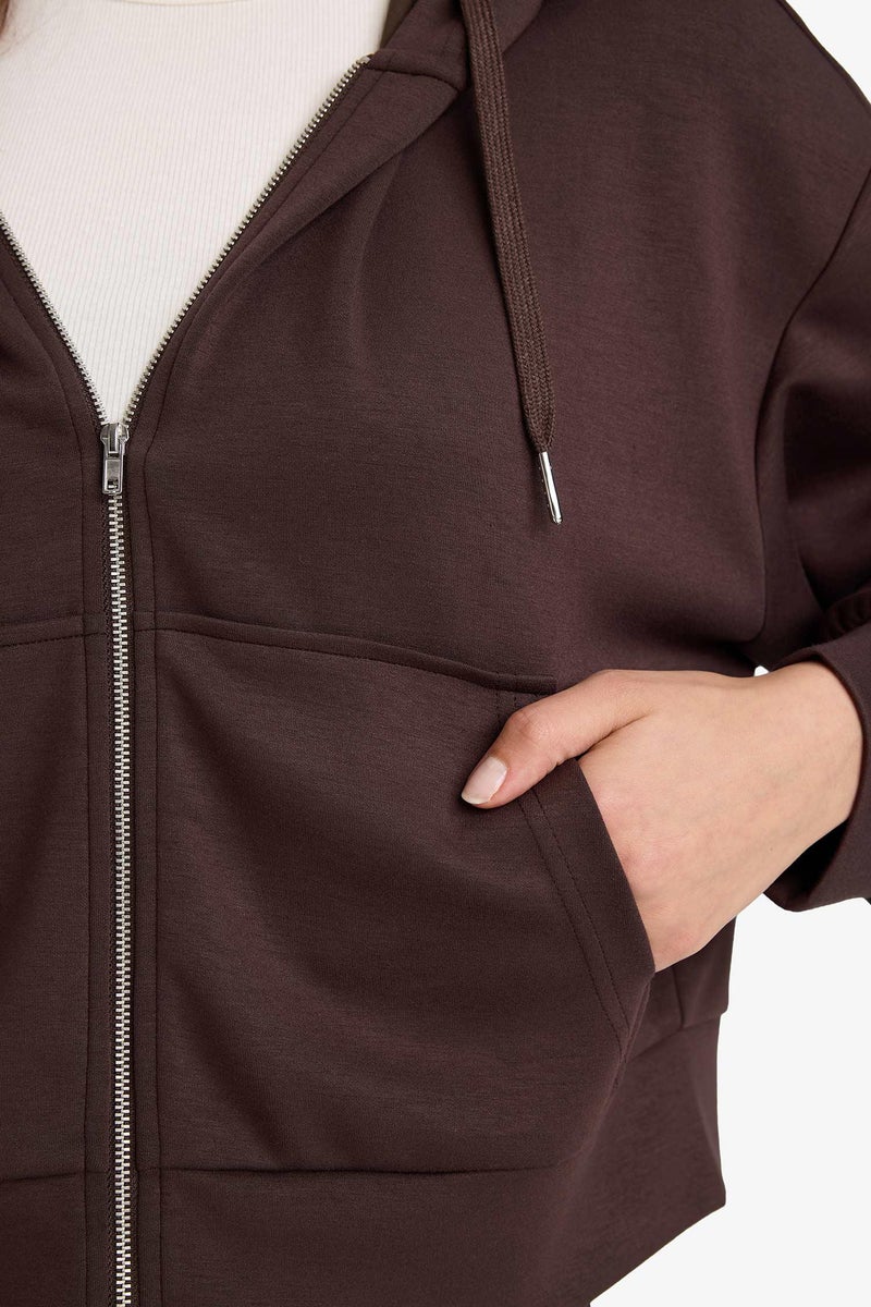 DeFacto Brown Woman Loose Fit Modal Zip-Up Hoodie Casual - Image 4